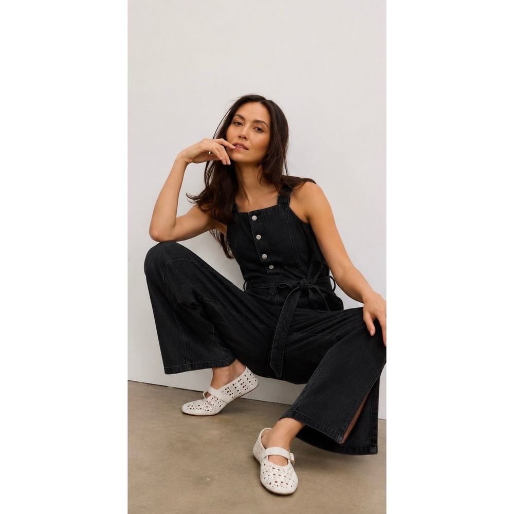 OAT New‎ York Black Denim Jumpsuit Wide Leg Utility Button Front Belted Sz:6 NWT